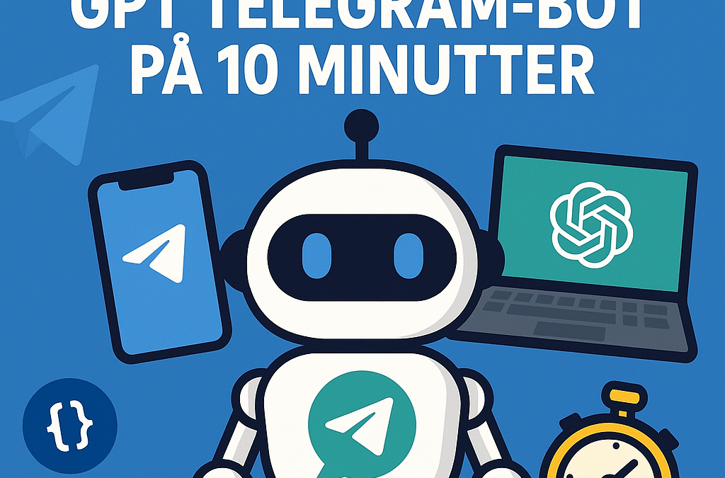 2D illustrasjon med teksten "Guide: Lag en ChatGPT Telegram-bot på 10 minutter" ved siden av et gult lynsymbol i snakkeboble på blå bakgrunn, med digitale ikoner i bakgrunnen