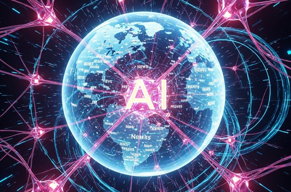 En abstrakt digital fremstilling av kunstig intelligens, med en lysende globus i sentrum omgitt av et glødende nevralt nettverk. Globusen viser sammenkoblede nyhetsoverskrifter, og det hele har en futuristisk og dynamisk stil som symboliserer rask teknologisk fremgang.