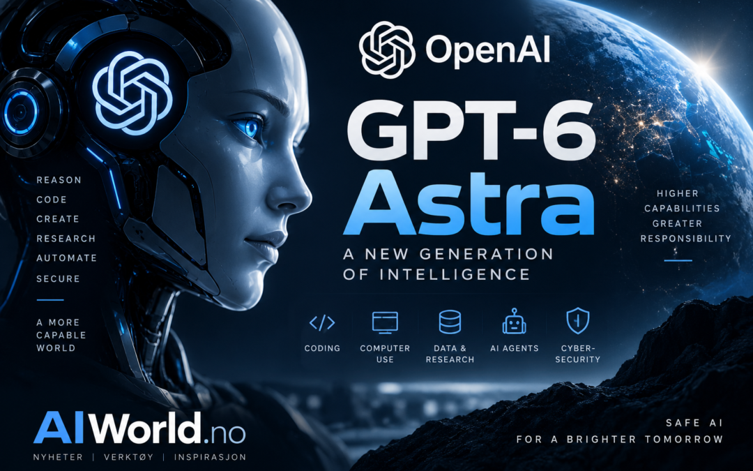 Futuristisk illustrasjon av GPT-6 Astra fra OpenAI, med AI, datamaskinbruk, AI-agenter og cybersikkerhet